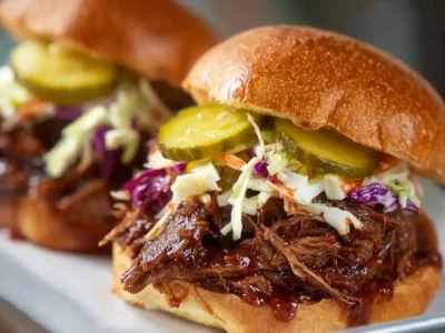 Delicious smoky brisket sliders served with coleslaw on a wooden platter