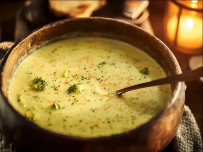 Bowl of creamy broccoli cheddar soup with fresh broccoli and cheddar cheese
