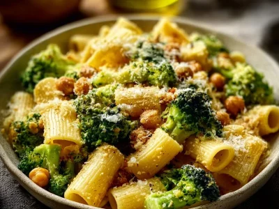 Broccoli Chickpea Pasta topped with garlic olive oil and fresh herbs