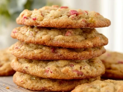 Brown Sugar Rhubarb Cookies on a cooling rack, showcasing their delicious texture and color.