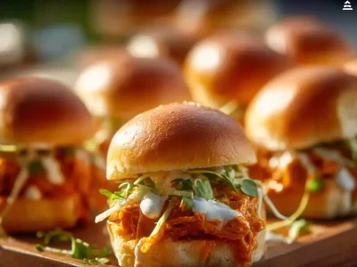 Buffalo Chicken Sliders served on a platter with dipping sauces