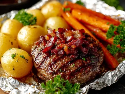 Burger dinner foil packets layered with veggies and juicy patties for grilling