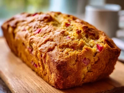 Buttery orange rhubarb bread with a golden crust and vibrant orange glaze