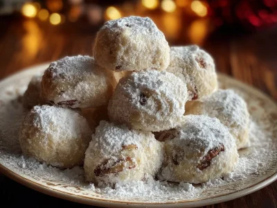 Delicious buttery pecan snowballs dusted with powdered sugar.