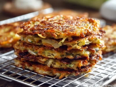 Golden brown cabbage fritters served on a plate with dipping sauce.