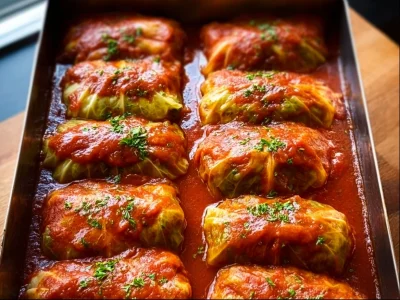 Homemade cabbage rolls stuffed with savory meat and rice, topped with tomato sauce.
