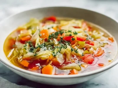 Detox Cabbage Soup in a bowl garnished with herbs and vegetables