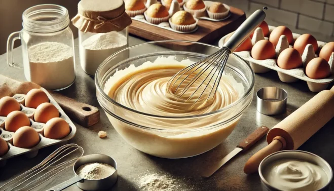Mixing batter for the Classic Hello Kitty Cake in a glass bowl with a whisk.