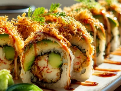 California Crunch Roll sushi with crabmeat, avocado, cucumber, and crispy onions.