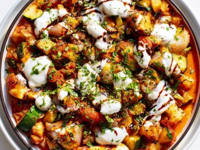 Caprese Chicken Skillet with Zucchini and Tomatoes in a colorful presentation