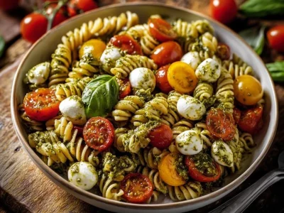 Delicious Caprese Pesto Pasta Salad with mozzarella, tomatoes, and pesto dressing