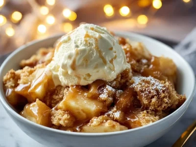 Caramel apple dump cake in a bowl topped with ice cream and caramel drizzle