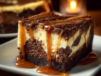 Delicious Caramel Brownie Cheesecake Bliss topped with caramel drizzle and chocolate