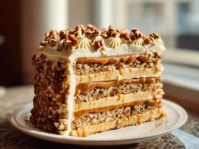 Delicious Caramel Crunch Cake with a crunchy topping and rich caramel drizzle