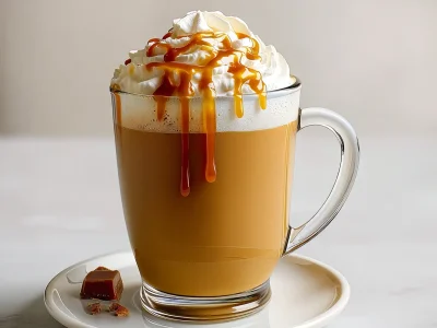 Caramel Latte in a clear glass mug with whipped cream and golden caramel drizzle on a saucer