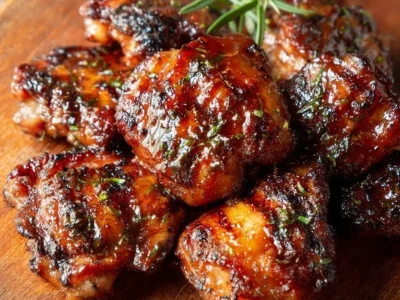 Caramelized BBQ chicken thighs served on a plate with garnishes