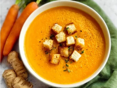 Bowl of Carrot Ginger Soup garnished with fresh herbs and spices