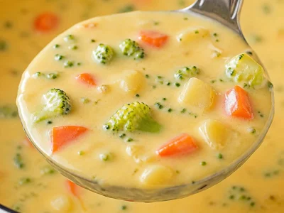 Creamy cheddar broccoli potato soup served in a bowl with fresh bread on the side.