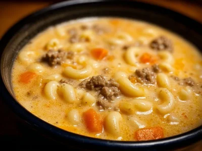 Delicious bowl of Cheeseburger Macaroni Soup with ground beef and macaroni.