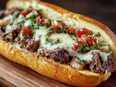 Delicious cheesesteak on garlic parmesan bread served with toppings.