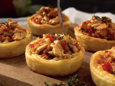Delicious cheesy chicken and potato tarts on a rustic table.