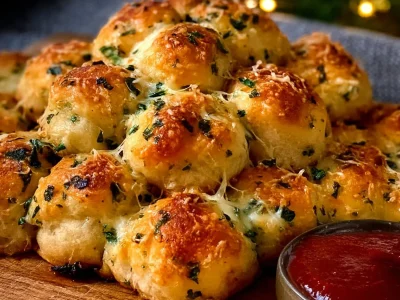 Cheesy Christmas Tree Bread fresh out of the oven, decorated for the holiday season