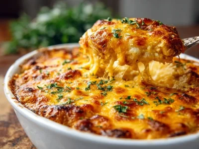 Cheesy spaghetti squash casserole topped with melted cheese and fresh herbs.