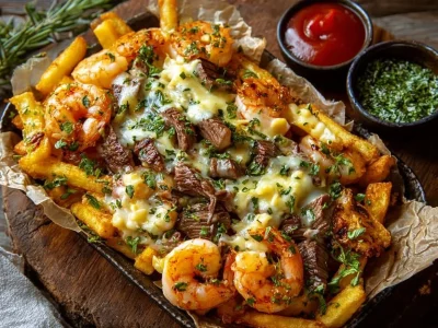 Cheesy steak and shrimp fries topped with melted cheese and fresh herbs.