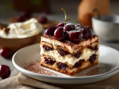 Delicious Cherry Tiramisu dessert topped with fresh cherries and cocoa powder.