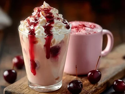 Delicious Cherry Vanilla Tea Latte topped with frothy milk and cherry blossoms
