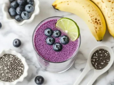 chia in a smoothie with banana, blueberries, and raw seeds