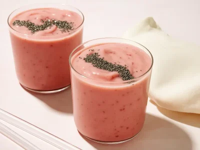 Chia Seeds in Smoothies served in clear glasses with peach and strawberry