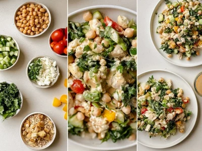 Delicious Chicken Chickpea Salad with vegetables and dressing
