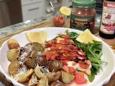 Chicken Bruschetta plated with roasted potatoes and arugula salad