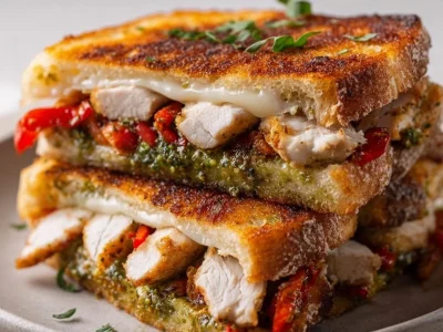 Chicken Pesto Sandwich with fresh basil and grilled chicken