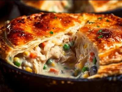 Delicious Skillet Chicken Pot Pie topped with golden brown crust and filled with savory chicken and vegetables.