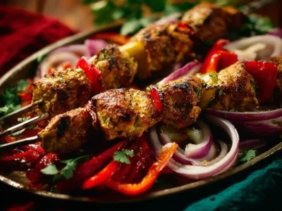 Grilled chicken skewers served with vegetables on a plate