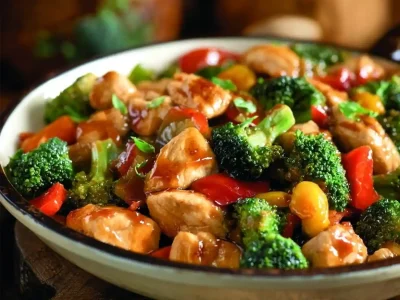 Delicious chicken stir fry served with colorful veggies on a plate