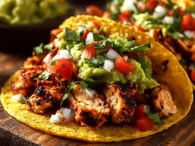 Delicious Chicken Street Tacos topped with fresh ingredients and spices.