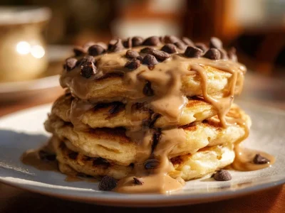 Delicious chocolate chip coffee pancakes stacked on a plate.