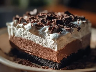 No-Bake Chocolate Cream Pie with whipped cream topping and chocolate shavings