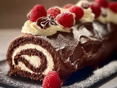 Chocolate Raspberry Swiss Roll dessert on a white plate garnished with raspberries