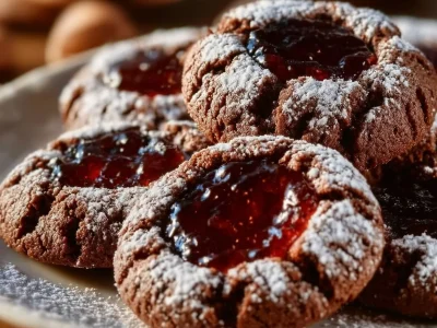 Delicious chocolate thumbprint cookies topped with chocolate ganache.