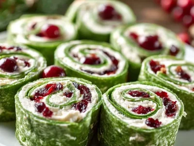 Plate of Christmas Cranberry Pinwheels decorated for the holidays