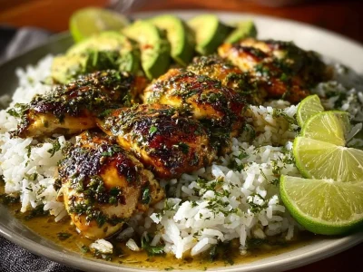 Cilantro lime chicken served on a plate with lime wedges and cilantro garnish.