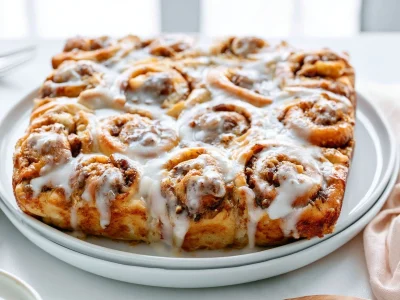 Delicious cinnamon roll casserole topped with icing and served in a baking dish