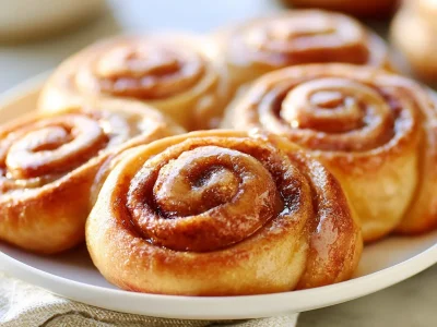 Delicious cinnamon rolls with icing on a wooden table