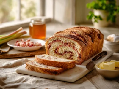 A slice of homemade Cinnamon Swirl Rhubarb Bread on a wooden table.
