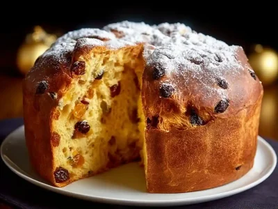 Image of a traditional classic Italian panettone, showcasing its rich texture and festive presentation.