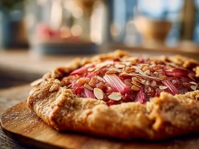 Classic rhubarb almond galette with a golden crust and fresh rhubarb filling.